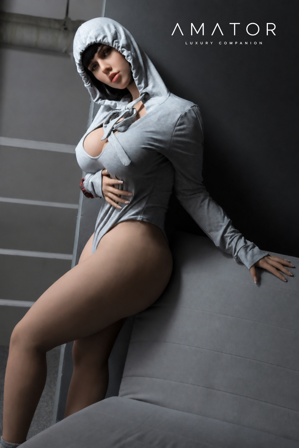 Emma 163 cm STPE doll in hoodie, hand on chest